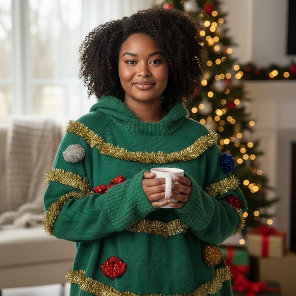 Merry & Bright Sweaters - Festive Green Christmas Tree Hooded Sweater/Trimmed with Tinsel & Poms